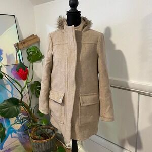J.Crew tan wool coat with fur hood Size 2